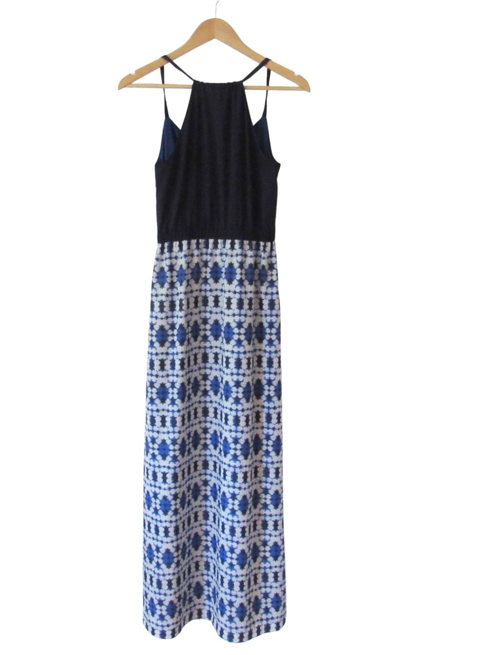 J Crew Factory Navy Blue White Maxi Dress 0 Tribal Print Sleeveless Halter Lined - Picture 2 of 12